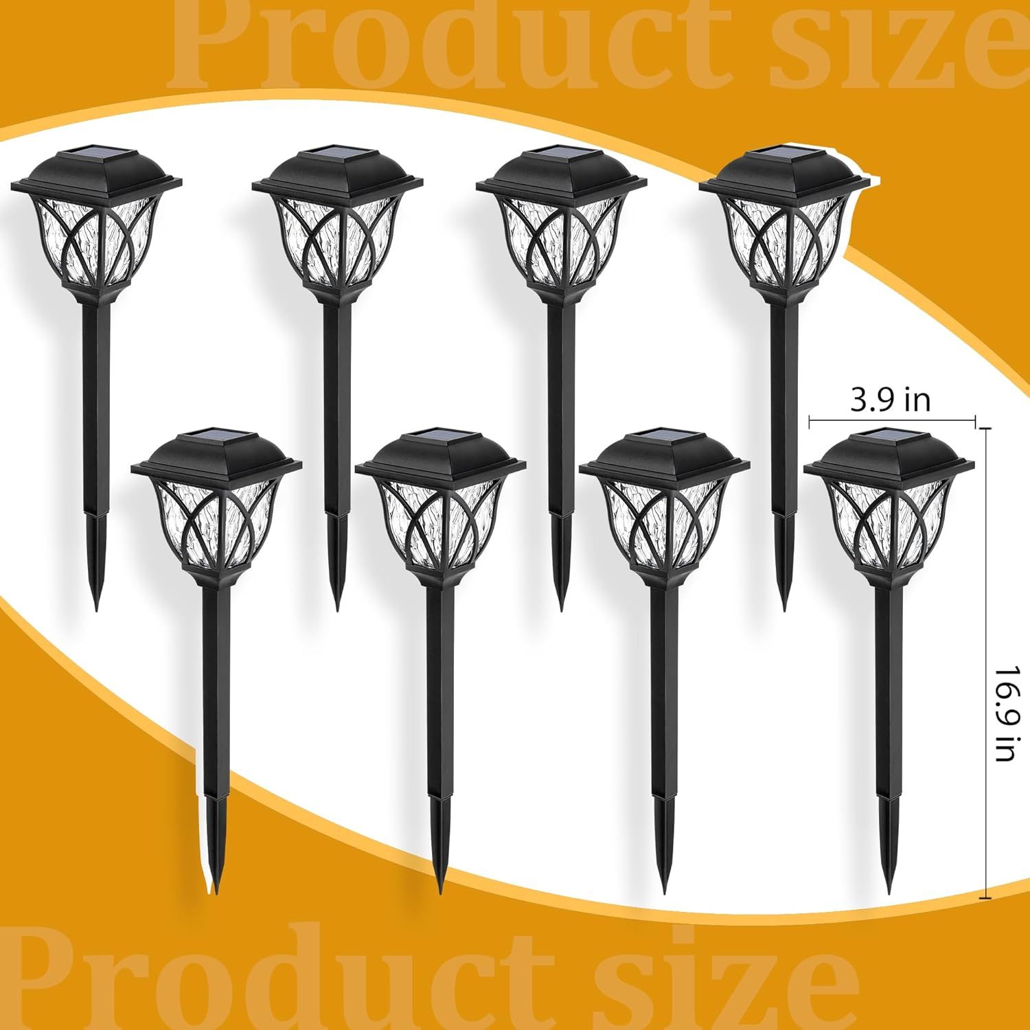 Communicates the exact physical size of the solar pathway lights (3.9 inches wide, 16.9 inches tall) to help shoppers understand the product's footprint and scale for their outdoor space.