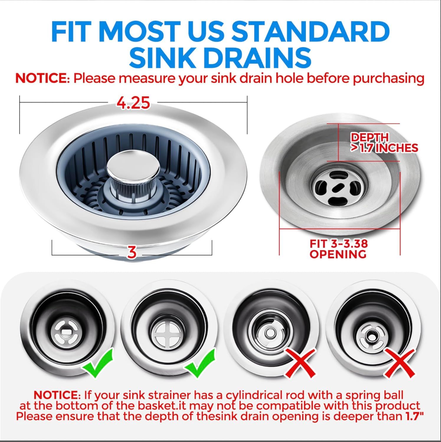 Communicates precise compatibility requirements and measurements to ensure the product fits the customer's sink drain, preventing purchase errors and returns. Shows which sink drain types and…