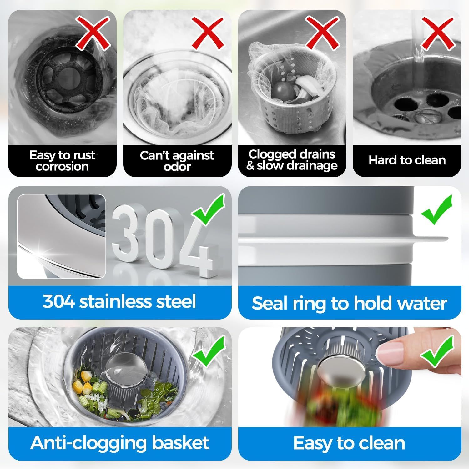 Demonstrates the superiority of this drain product over generic competitors by showing common problems (rust, odor, clogging, hard to clean) that competitors have versus the benefits this product…