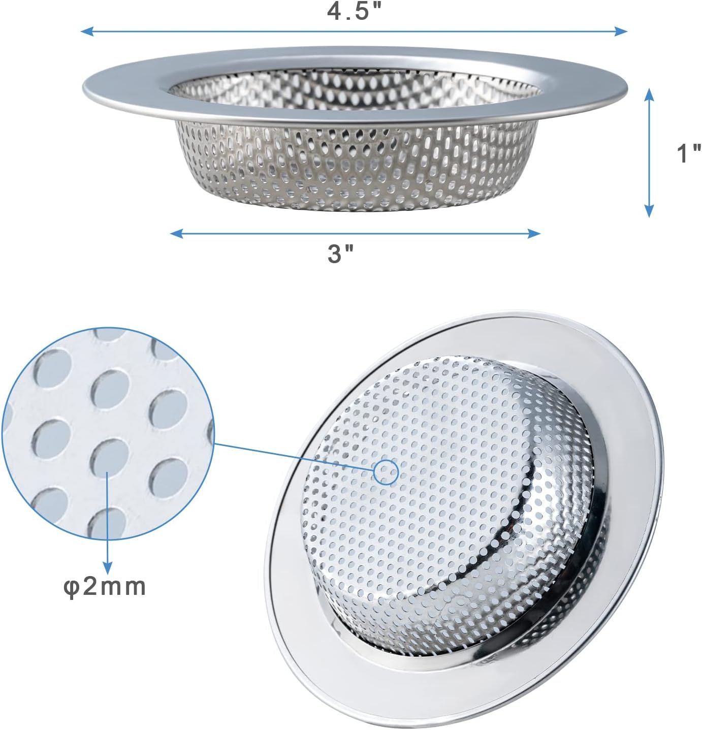 Communicates the exact physical dimensions of the drain strainer (4.5" outer diameter, 3" basket diameter, 1" height) and the 2mm hole size to help shoppers verify fit and understand the product's…