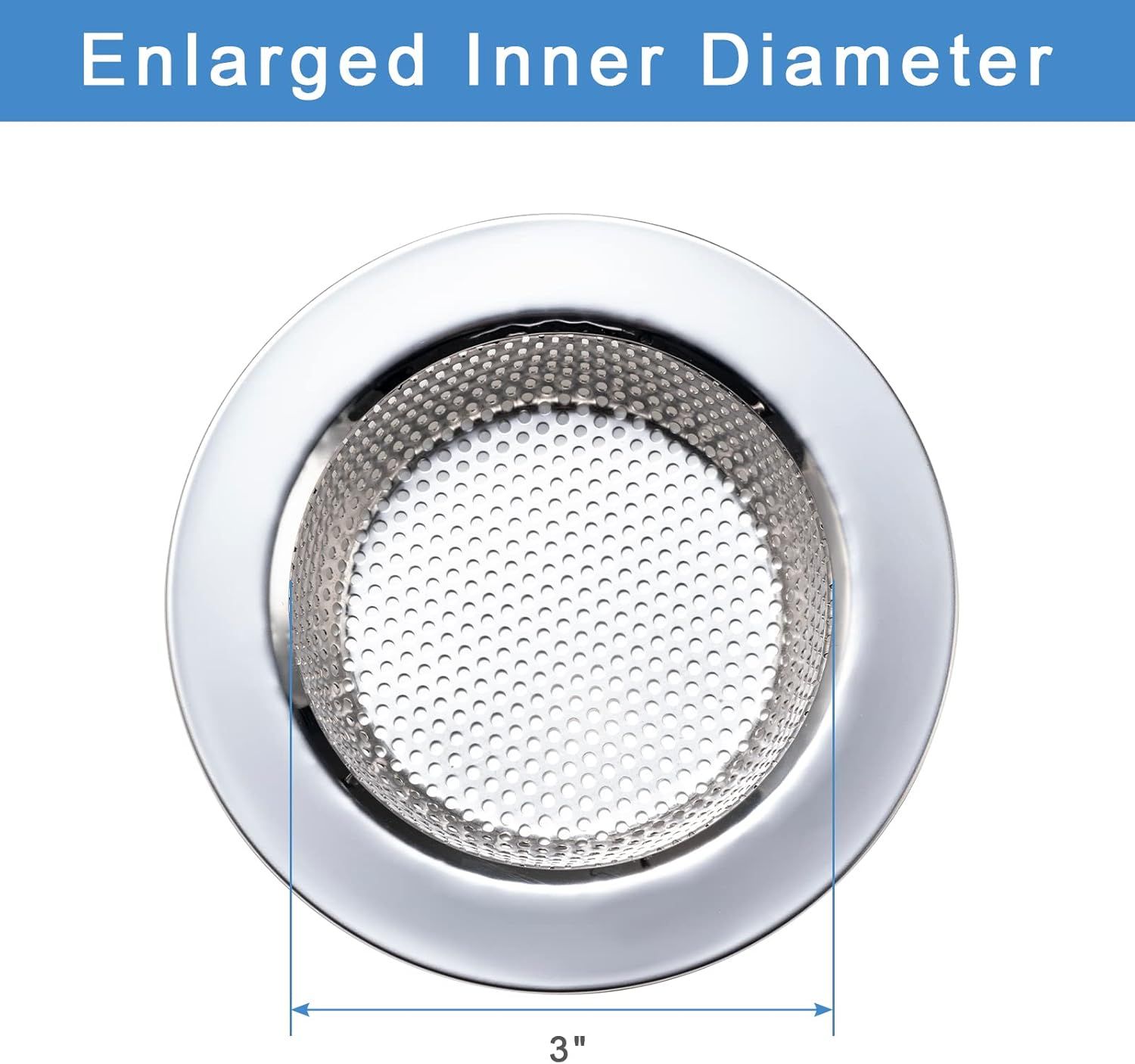 Communicates the exact inner diameter measurement (3 inches) of the drain strainer to help shoppers verify fit and compatibility with their sink or drain.