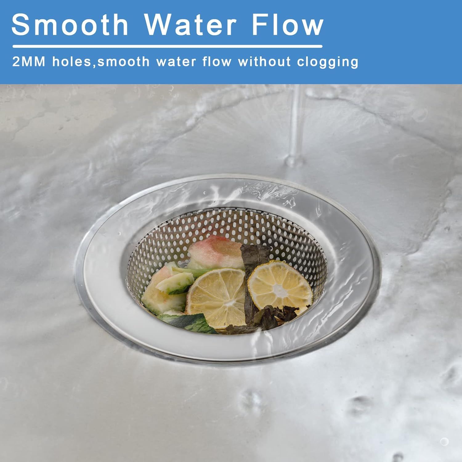 Highlights the physical design feature of 2MM holes in the drain strainer that allow smooth water flow while preventing clogging from food debris. Communicates the key benefit that the product…