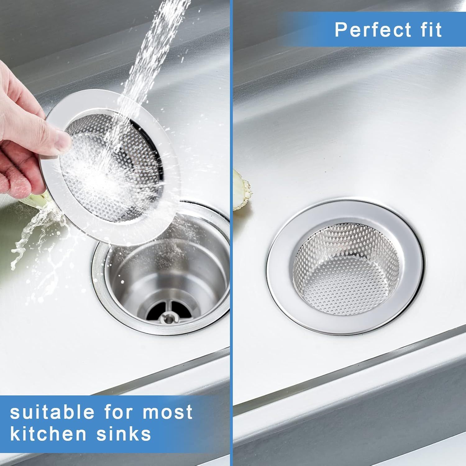 Demonstrates that the sink strainer fits perfectly in most kitchen sinks, reassuring shoppers about compatibility and proper installation. Highlights the product's universal compatibility and…