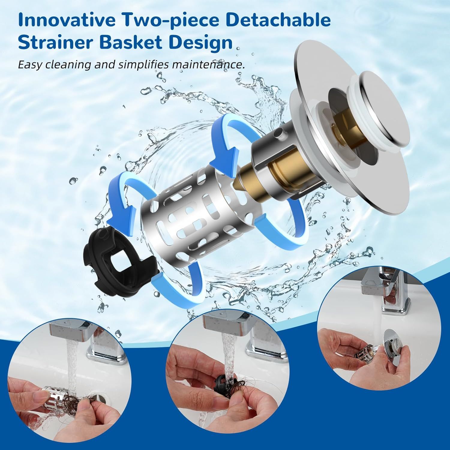 Demonstrates the exploded view of the strainer basket's detachable components with directional arrows to show how the parts separate for easy cleaning and maintenance. Shows the step-by-step process…