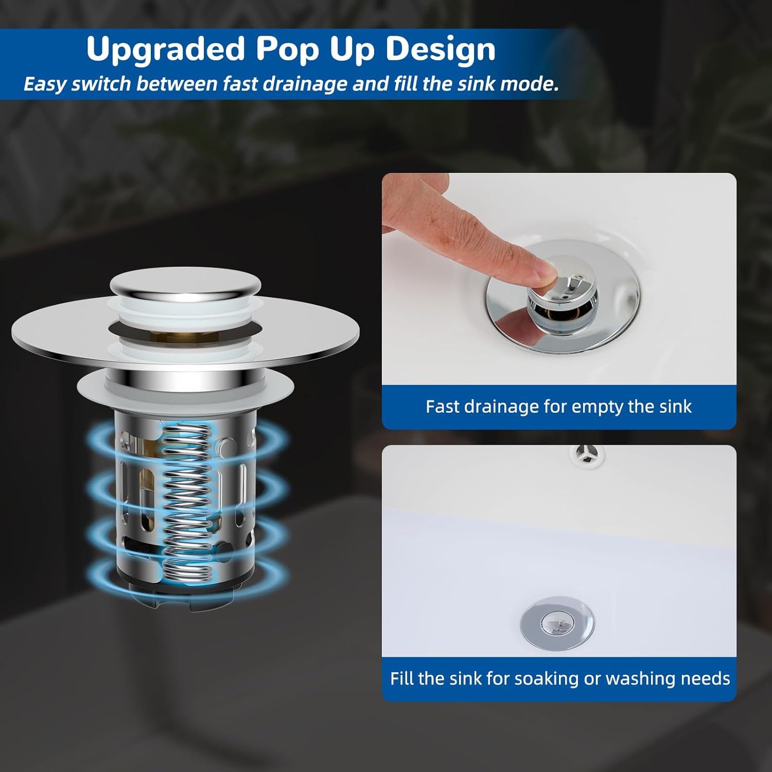 Demonstrates how to use the upgraded pop-up drain design by showing the two modes: fast drainage and fill-the-sink mode, reassuring shoppers of its ease of use and versatility. Shows the two…