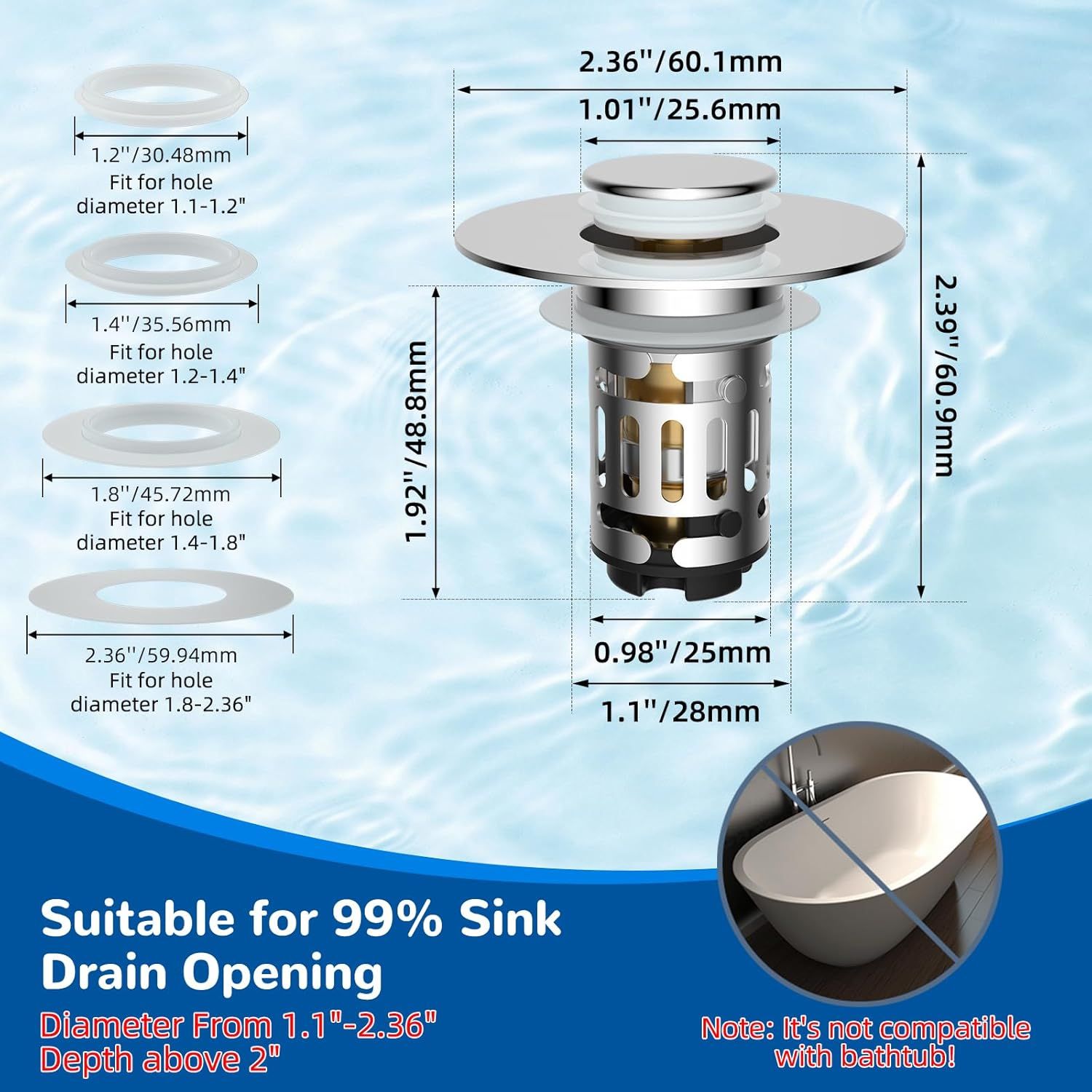 Provides detailed dimensional measurements of the sink drain product and shows which hole diameters it fits, helping shoppers verify compatibility with their sink opening. Demonstrates the product's…