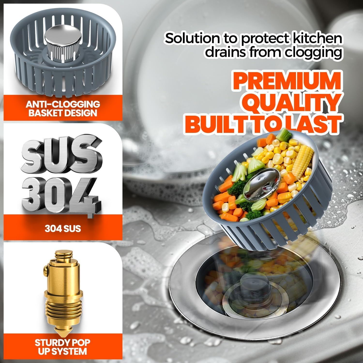 Breaks down the key structural components of the kitchen drain protector to show shoppers what makes it effective and durable, highlighting the anti-clog basket, premium stainless steel material,…