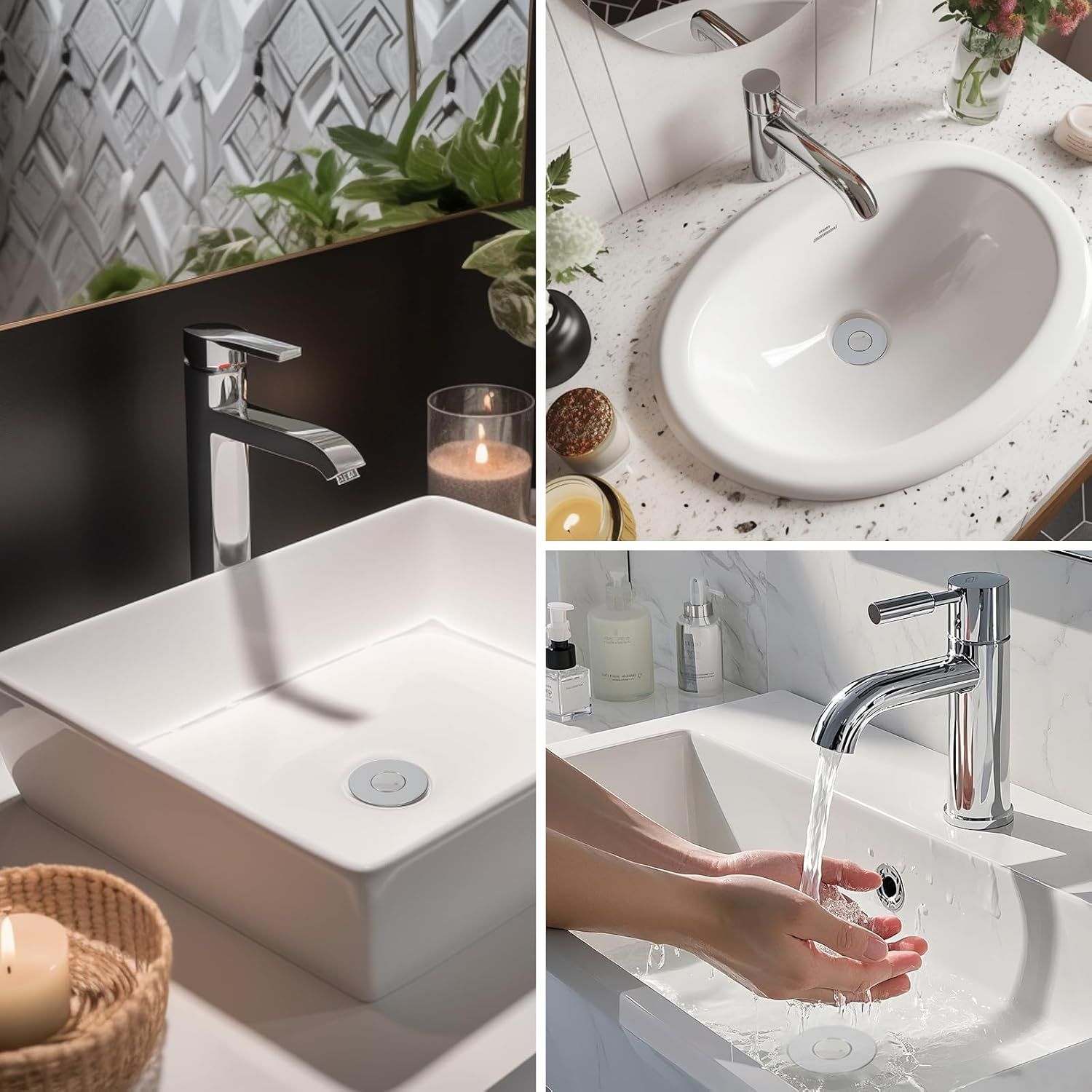 Showcases the faucet product in multiple beautiful, real-world bathroom environments to help shoppers visualize how it would look and function in their own homes.