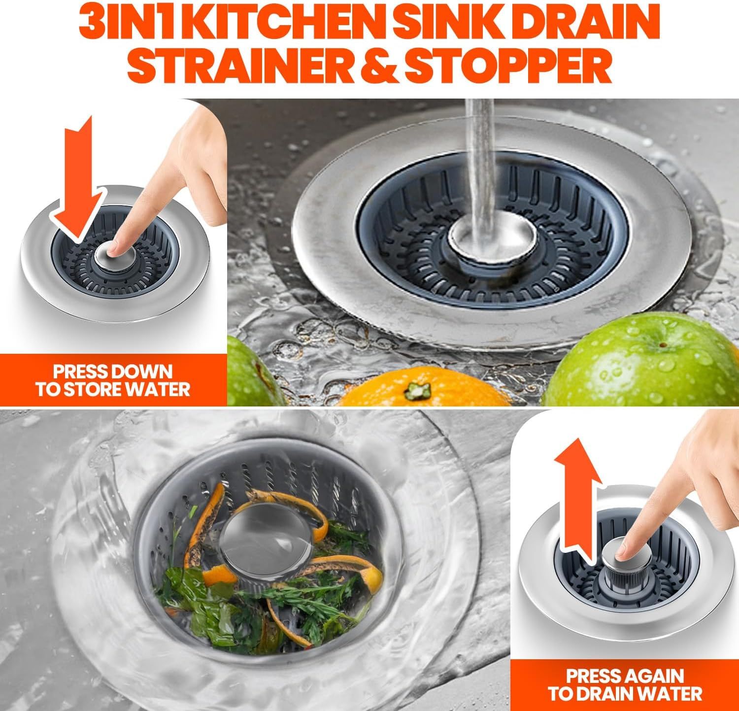 Demonstrates the two-step operation of the 3-in-1 sink drain stopper: press down to store water and press again to drain, helping shoppers understand the simple usage mechanism. Highlights the…