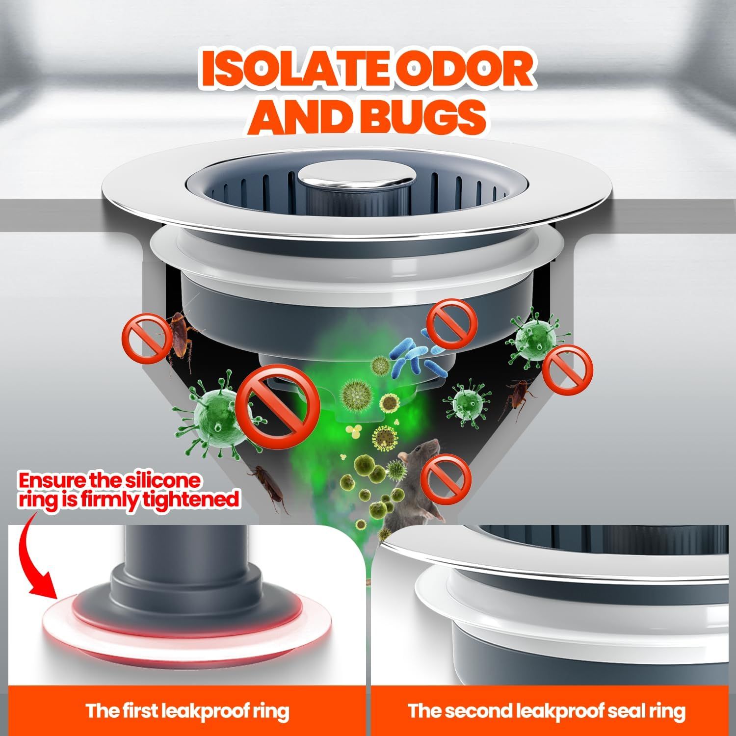 Demonstrates how the product's dual silicone ring system creates a sealed barrier that prevents odors and bugs from escaping, reassuring shoppers of its effectiveness. Highlights multiple benefits…