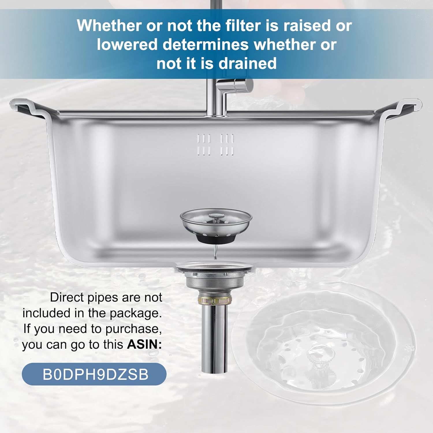 Explains how the sink's drain filter mechanism works by raising or lowering it, helping shoppers understand the product's functionality and ease of use. Highlights the adjustable drain filter…