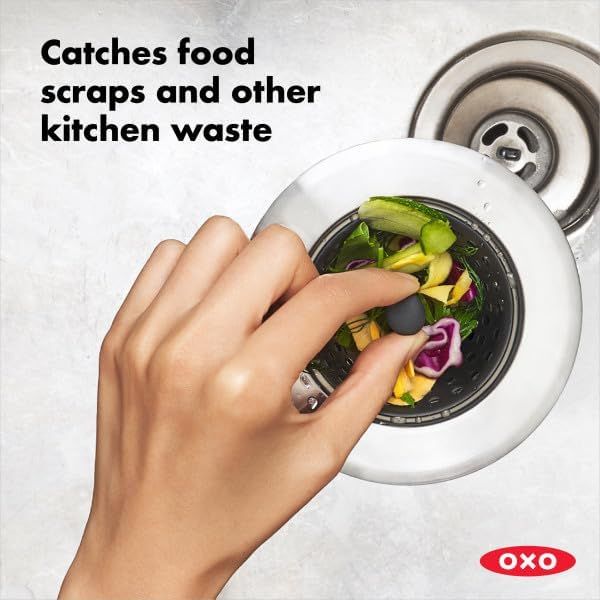 Demonstrates the product's primary function of catching food scraps and kitchen waste, reassuring shoppers that it effectively prevents waste from going down the drain.