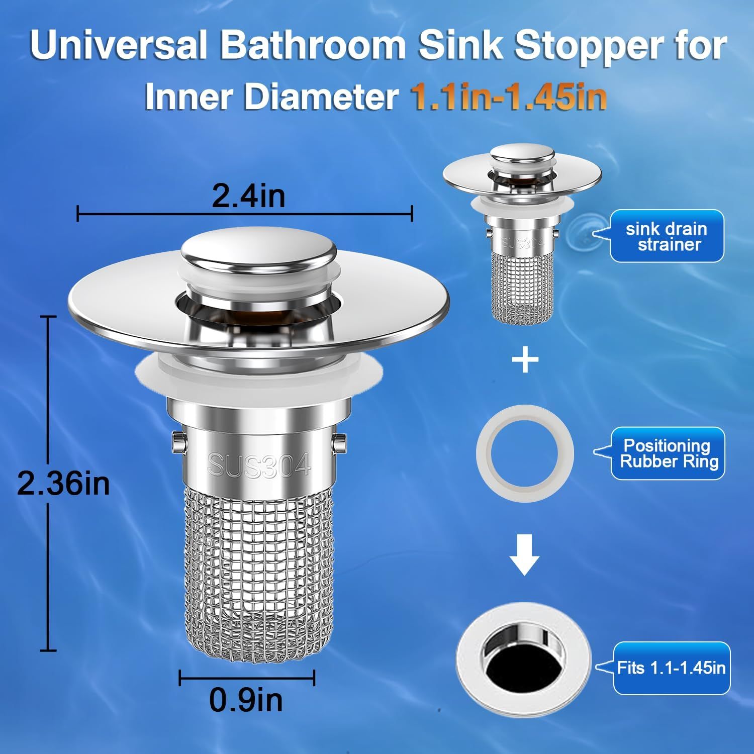 This image breaks down the physical components of the bathroom sink stopper, showing the drain strainer, rubber ring, and compatibility specifications to help shoppers understand what's included and…