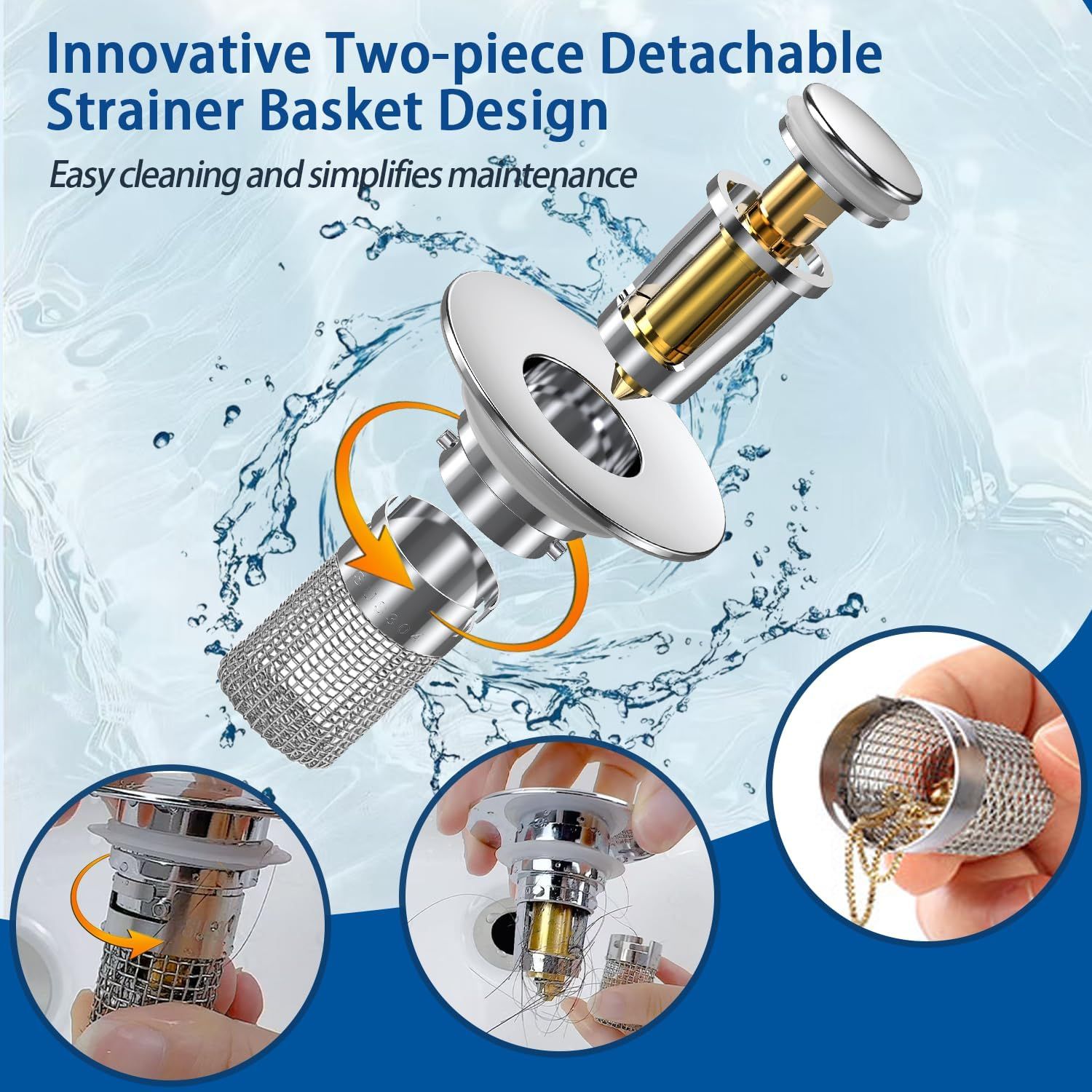 Demonstrates the product's innovative detachable construction with exploded view and circular insets showing how the strainer basket separates for easy cleaning and maintenance. Shows shoppers how…