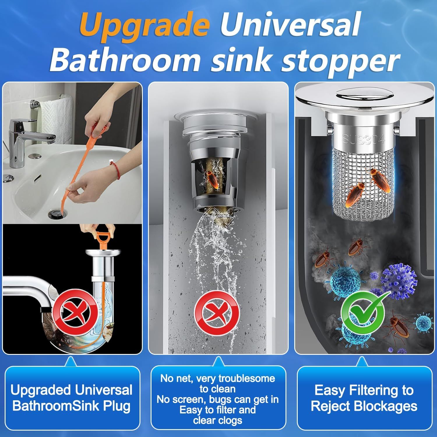 Demonstrates why this upgraded sink stopper with mesh filtering is superior to traditional stoppers and open drains by showing it prevents bugs and clogs while allowing easy cleaning. Highlights…
