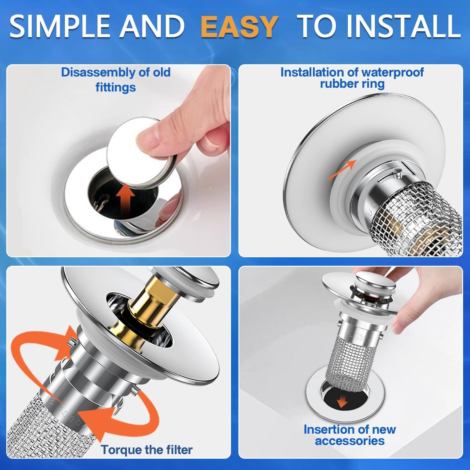 Demonstrates the step-by-step installation process for a drain filter or strainer, reassuring shoppers that the product is simple and easy to install without professional help.