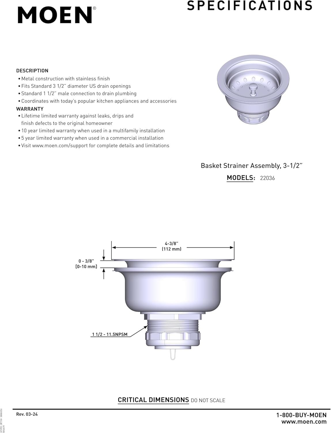 Provides exact measurements and technical specifications of the basket strainer assembly to help installers and buyers verify compatibility with their plumbing setup.