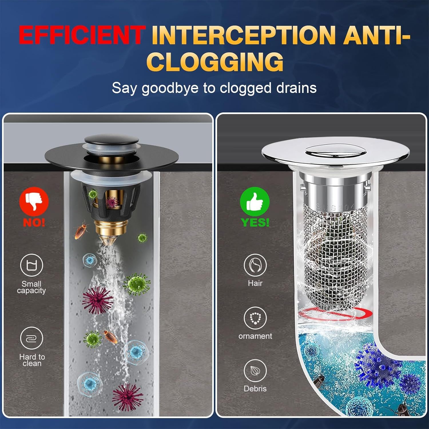Demonstrates the superiority of the advertised drain strainer by showing a side-by-side comparison: the competitor product allows debris to pass through and clogs easily, while this product…