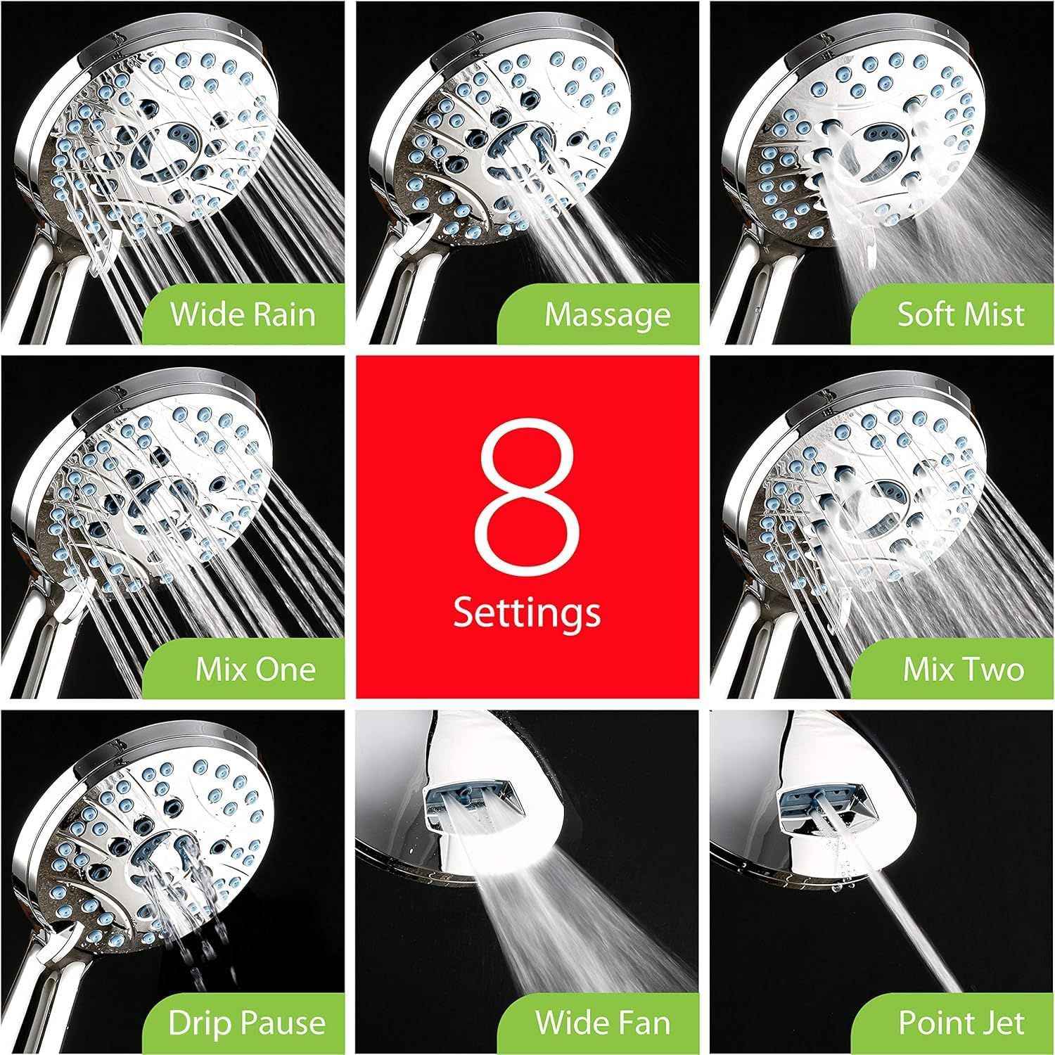 Demonstrates the product's versatility by showcasing all 8 different spray settings available, helping shoppers understand the variety of shower experiences they can customize.