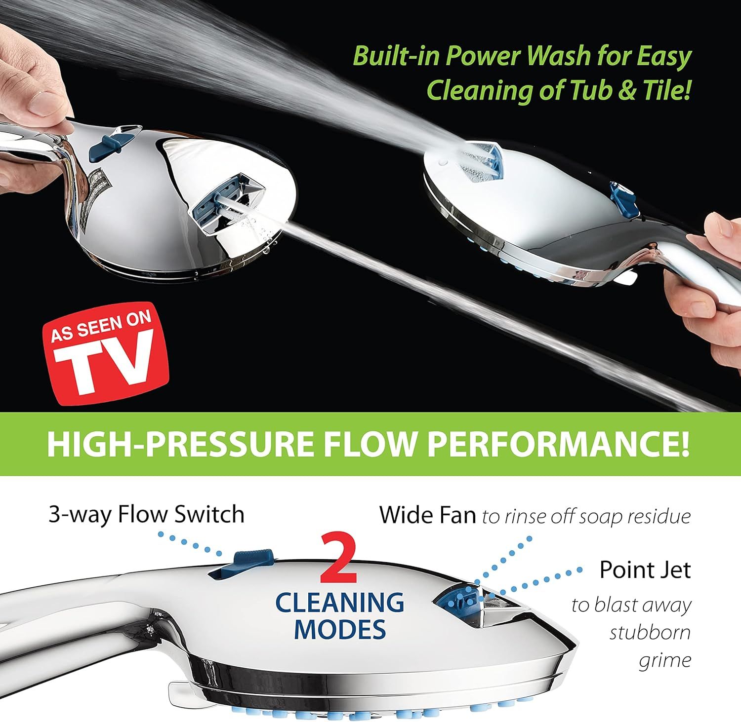 Communicates multiple distinct cleaning benefits and features of the product, including power wash capability, high-pressure performance, and two different cleaning modes (wide fan and point jet) to…