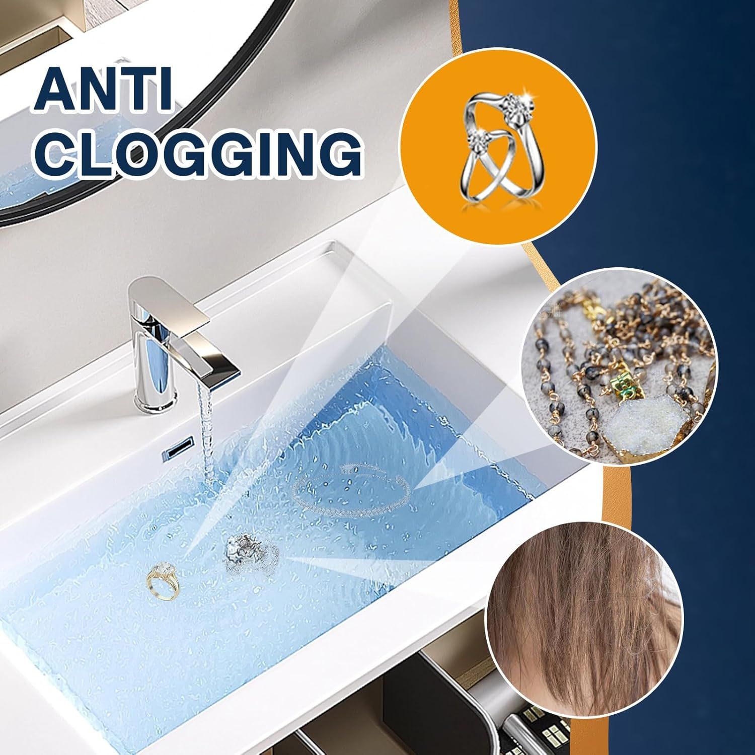 Demonstrates the product's anti-clogging feature across multiple applications, showing it can handle jewelry (rings, necklaces) and hair without blocking the drain, reassuring shoppers of its…