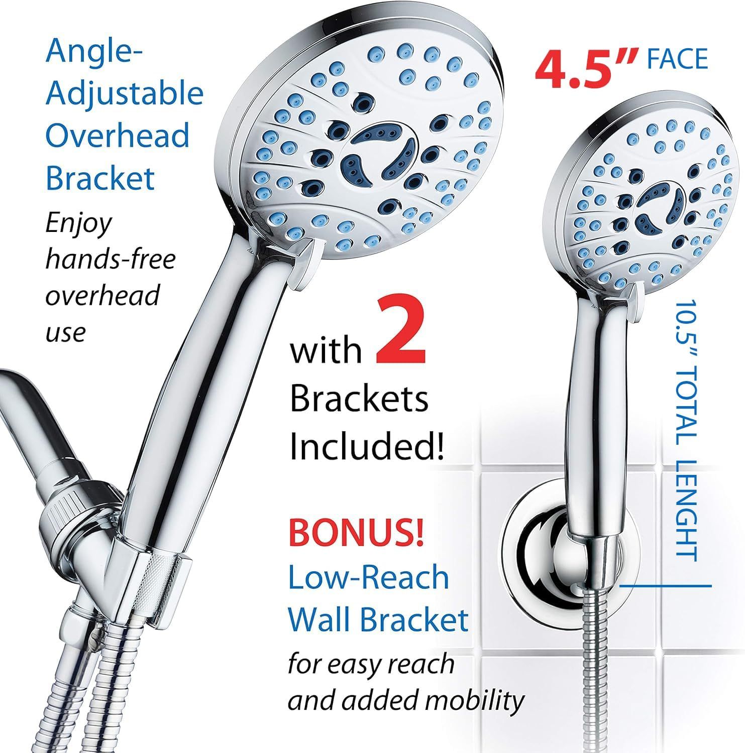 Communicates that the purchase includes two mounting brackets (angle-adjustable overhead bracket and low-reach wall bracket) to reassure shoppers they have everything needed for flexible…