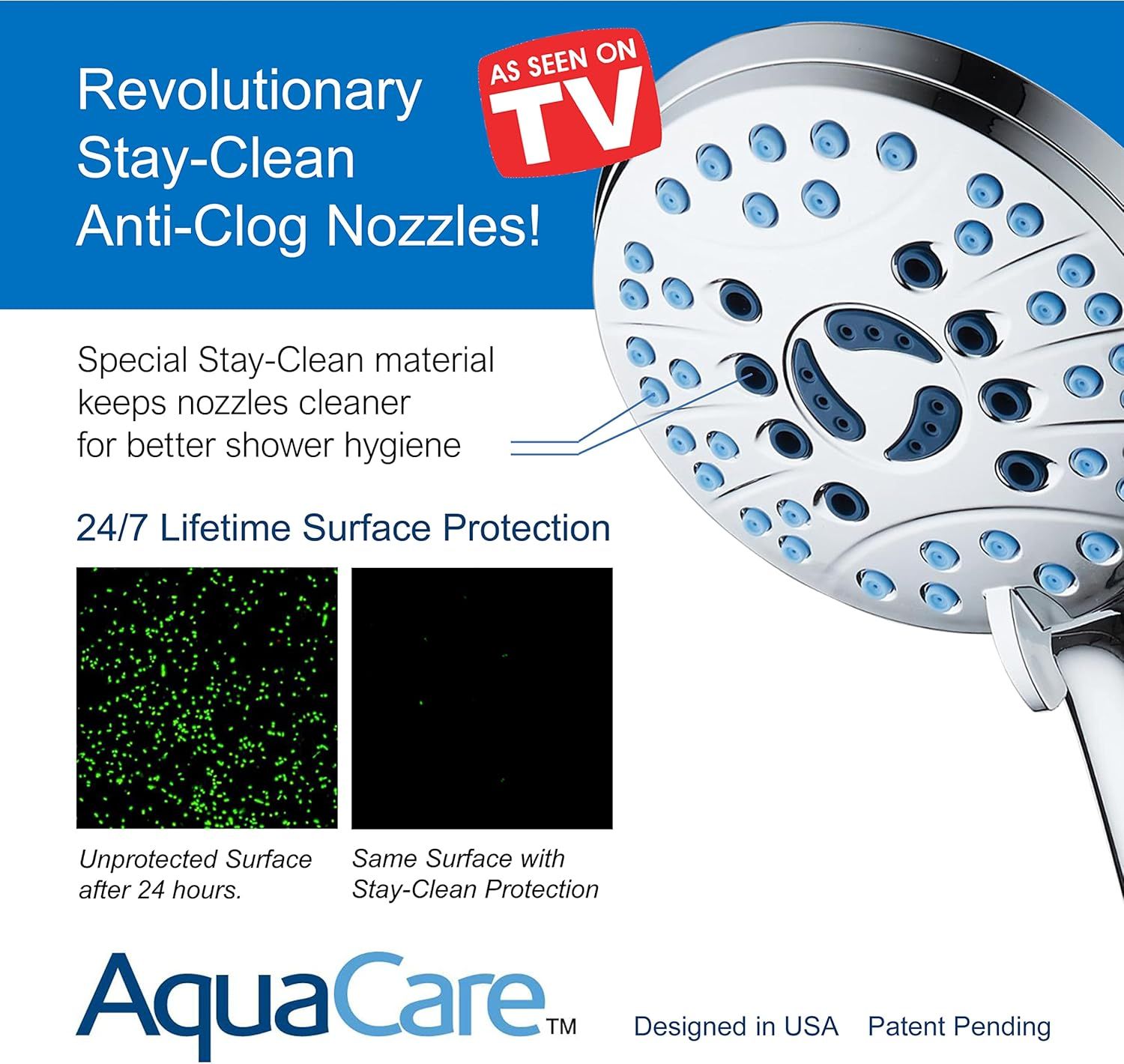 Communicates multiple distinct benefits of the showerhead: anti-clog technology, special stay-clean material for hygiene, and 24/7 lifetime surface protection, supported by a visual comparison…