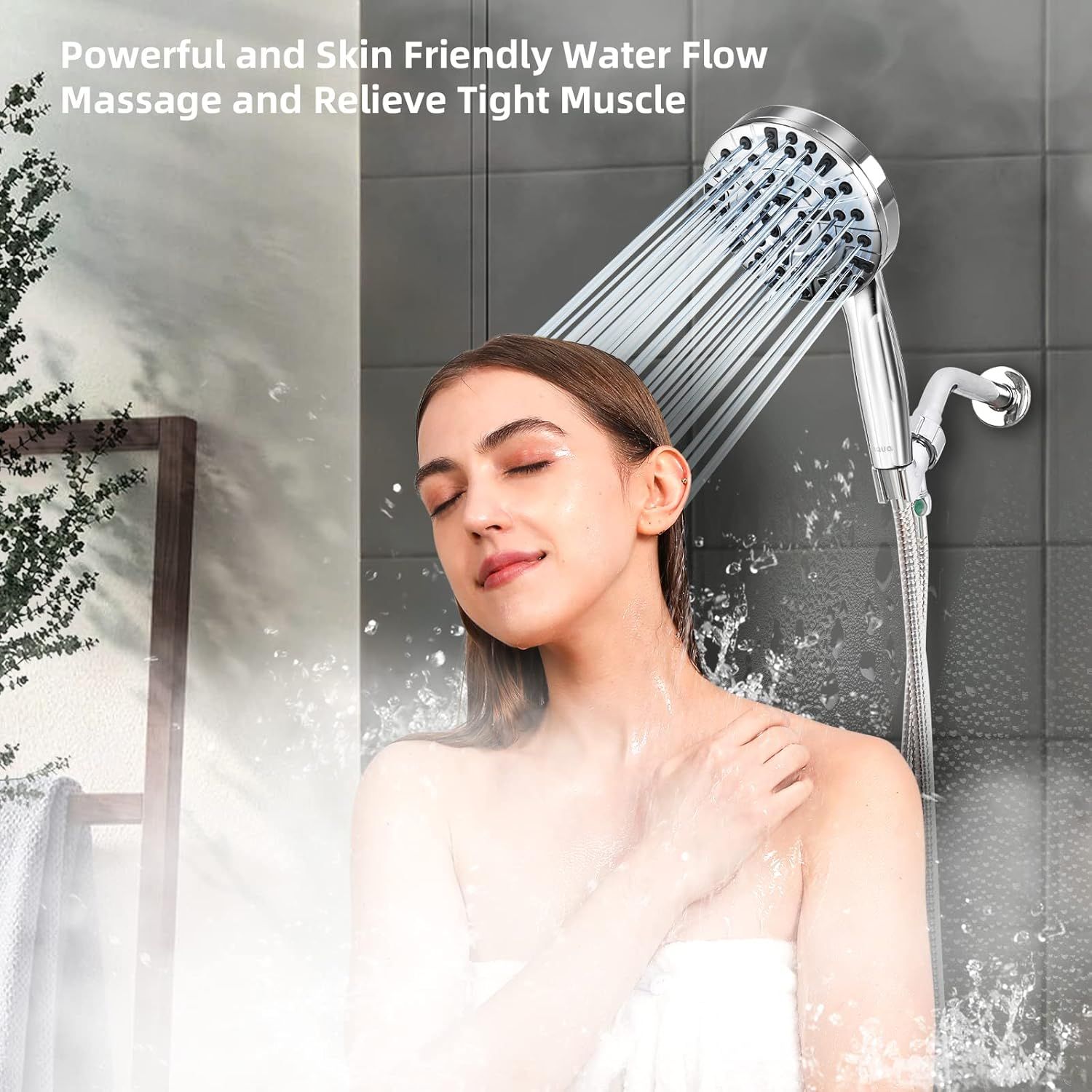 Communicates the showerhead's powerful yet gentle water flow that provides a massage experience and relieves tight muscles, reassuring shoppers of comfort and therapeutic benefits.