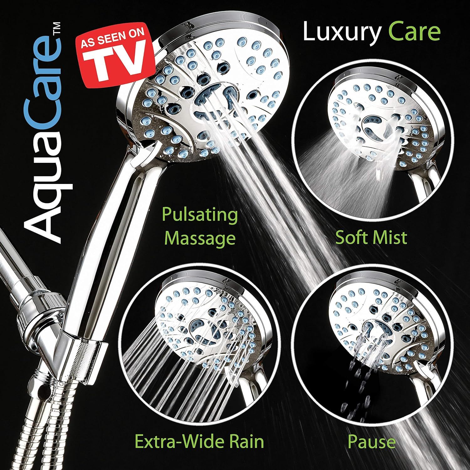 Showcases the showerhead's four distinct spray settings to demonstrate versatility and luxury shower experience options. Builds credibility and trust by highlighting that the product has been…