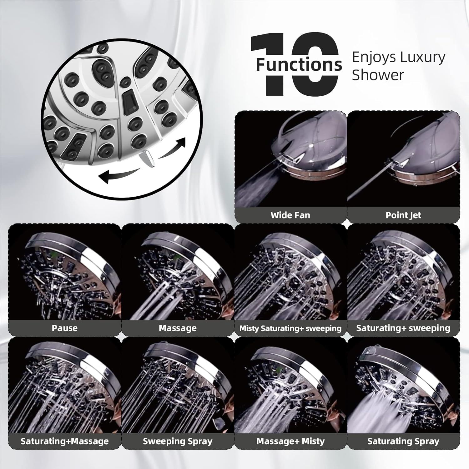 Demonstrates the product's versatility by showcasing 10 different spray functions and modes, reassuring shoppers that the showerhead offers customizable luxury shower experiences for different…