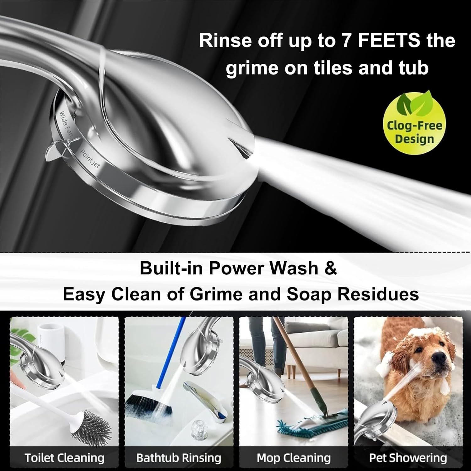 Demonstrates the versatility of the product by showing four distinct cleaning and rinsing applications, reassuring shoppers that this tool can handle multiple household tasks. Highlights the…