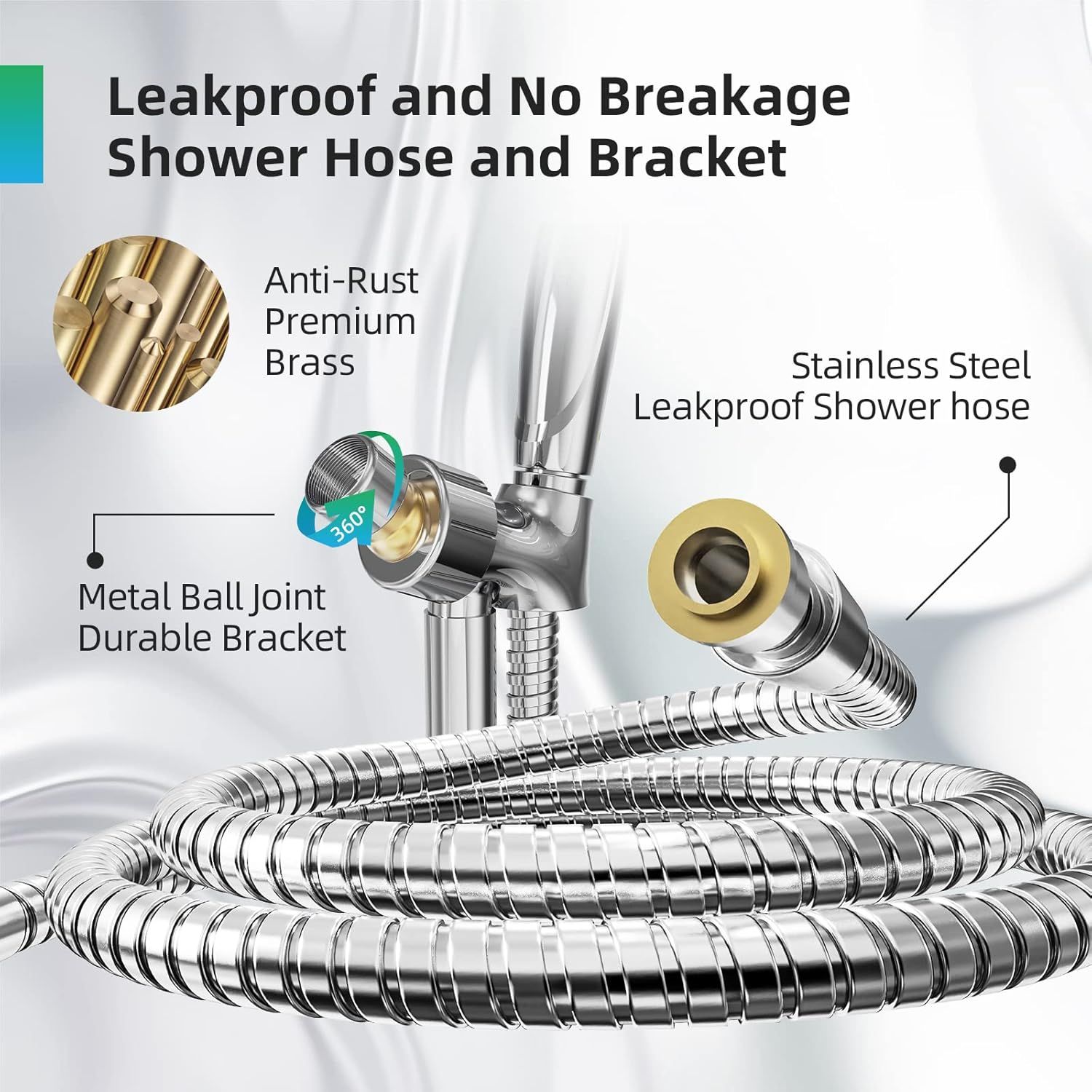 Breaks down the physical components of the shower hose and bracket system to show shoppers the quality materials and construction features that make it durable and leakproof.