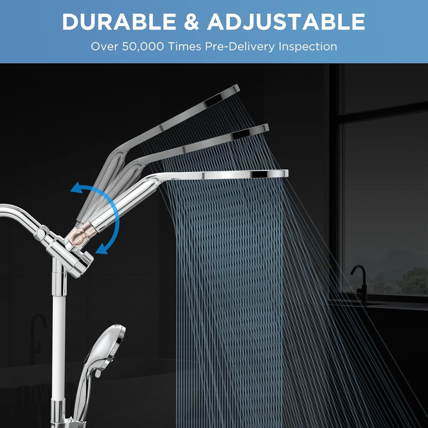 Communicates that the showerhead is both durable and adjustable, with multiple visual elements showing the adjustable arm mechanism and quality assurance through inspection statistics.
