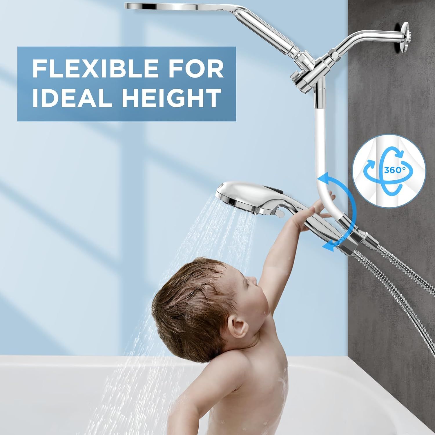 Demonstrates that the showerhead is flexible and adjustable to ideal height with 360-degree rotation, making it convenient for users of all heights including children.