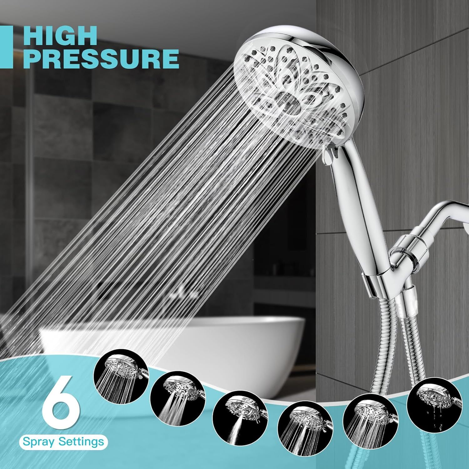 Communicates the showerhead's high-pressure performance and versatility with 6 different spray patterns, reassuring shoppers of a customizable and powerful shower experience.