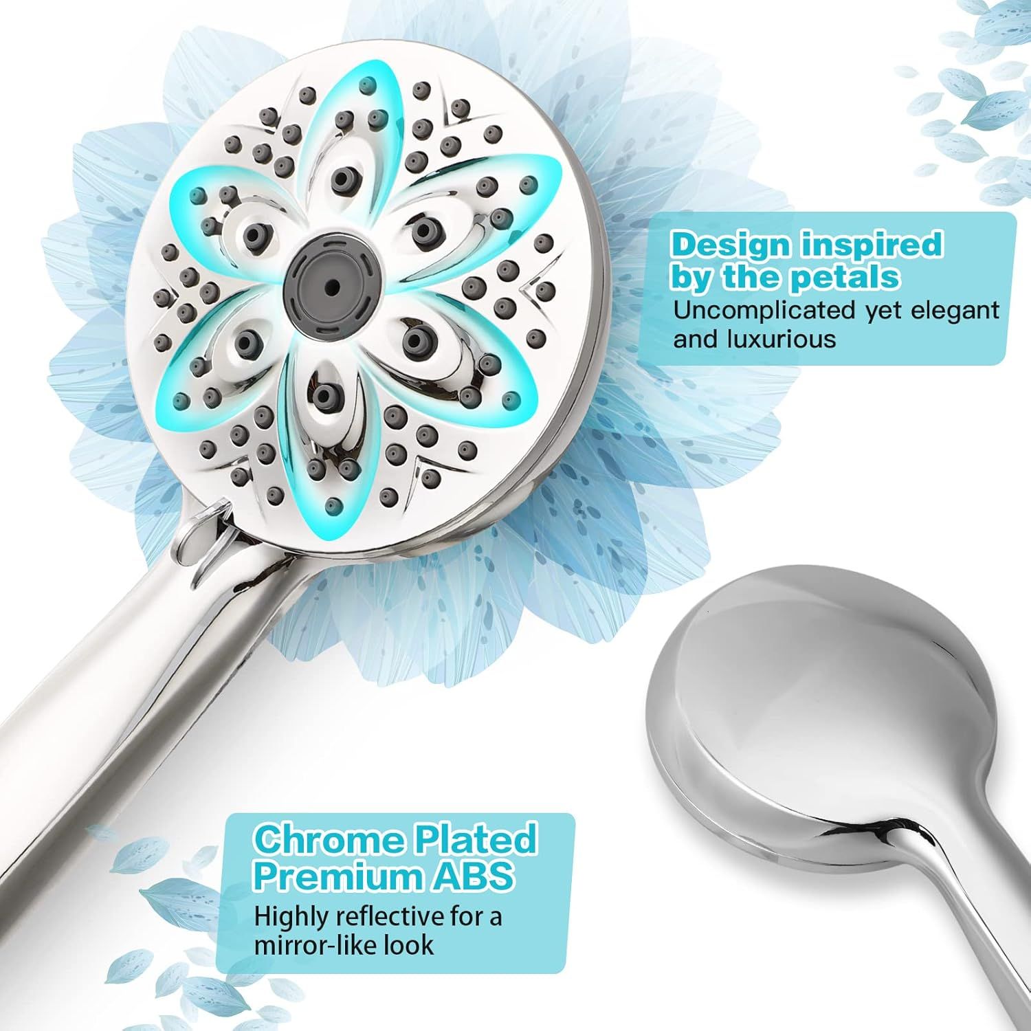 Highlights two distinct selling benefits: the elegant petal-inspired aesthetic design and the premium chrome-plated ABS material with mirror-like finish, appealing to shoppers seeking both style and…