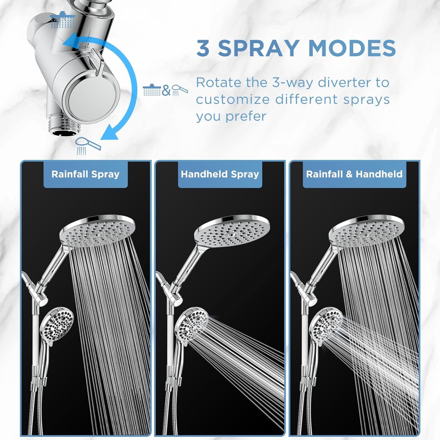 Communicates the product's versatility by showing three different spray modes (Rainfall, Handheld, and Rainfall & Handheld) that can be customized via a 3-way diverter, reassuring shoppers they can…