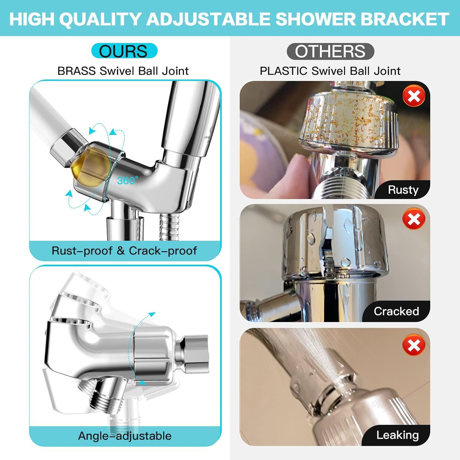 This image demonstrates the superiority of the advertised shower bracket by comparing its brass construction and durability features against inferior plastic competitors that rust, crack, and leak.