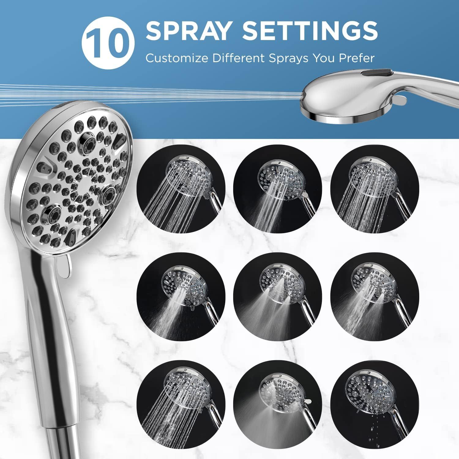 Communicates the product's versatility by showcasing 10 different spray settings, reassuring shoppers they can customize their shower experience to their preference.