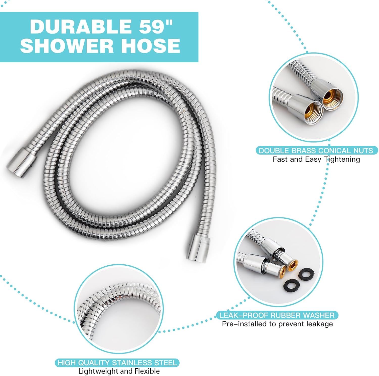 This image breaks down the shower hose by highlighting its key physical components and materials—brass nuts for easy tightening, rubber washers for leak prevention, and stainless steel construction…