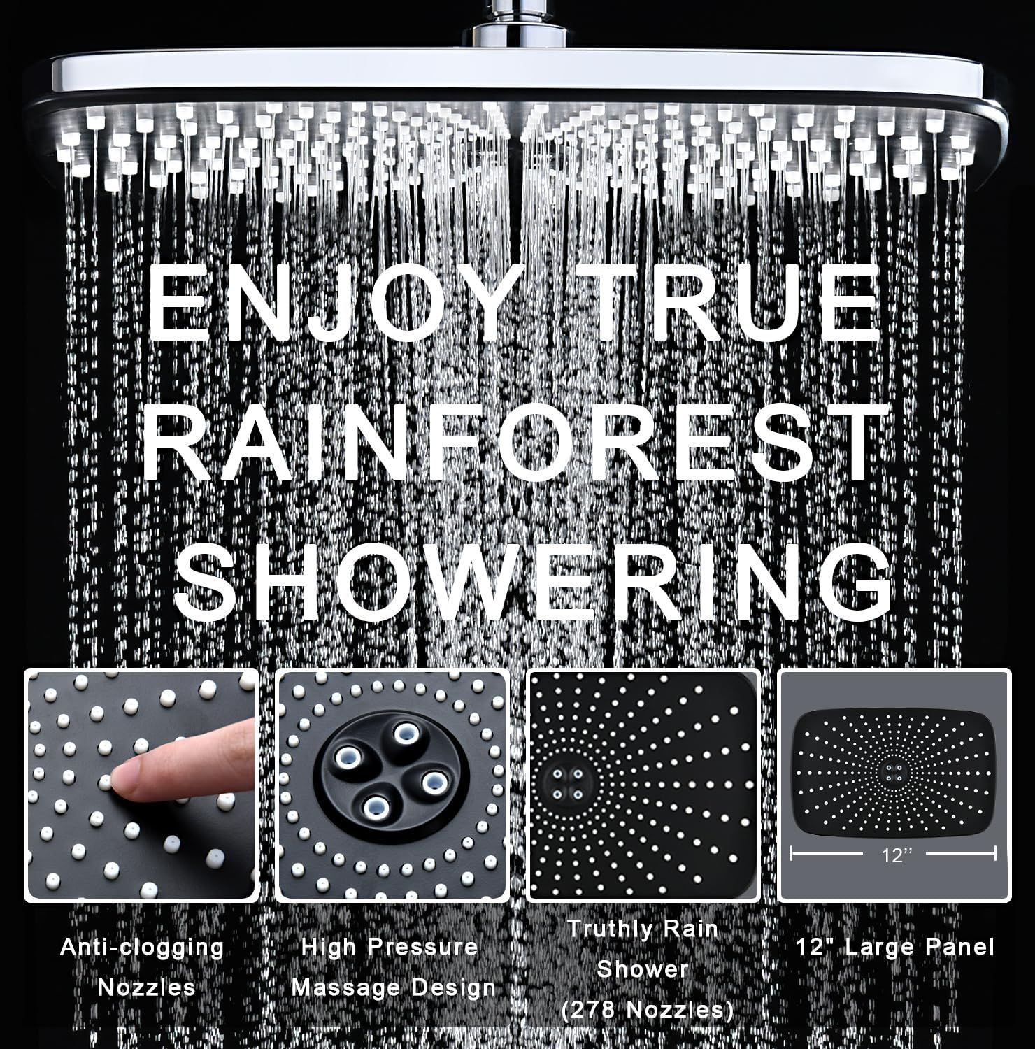 Communicates multiple distinct benefits of the showerhead in a segmented layout to show shoppers the comprehensive value: anti-clog technology, high-pressure massage, realistic rain experience, and…