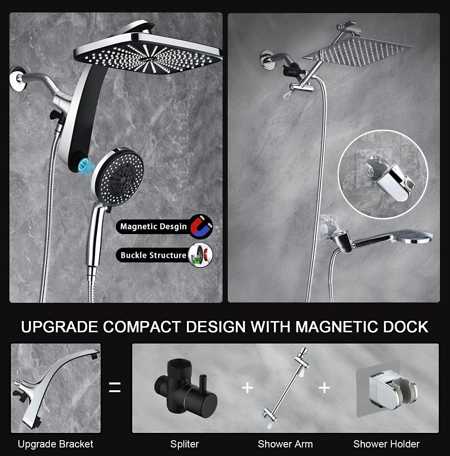 This image breaks down the shower system's physical components and structural features, highlighting the magnetic dock and buckle structure to help shoppers understand how the product is constructed…