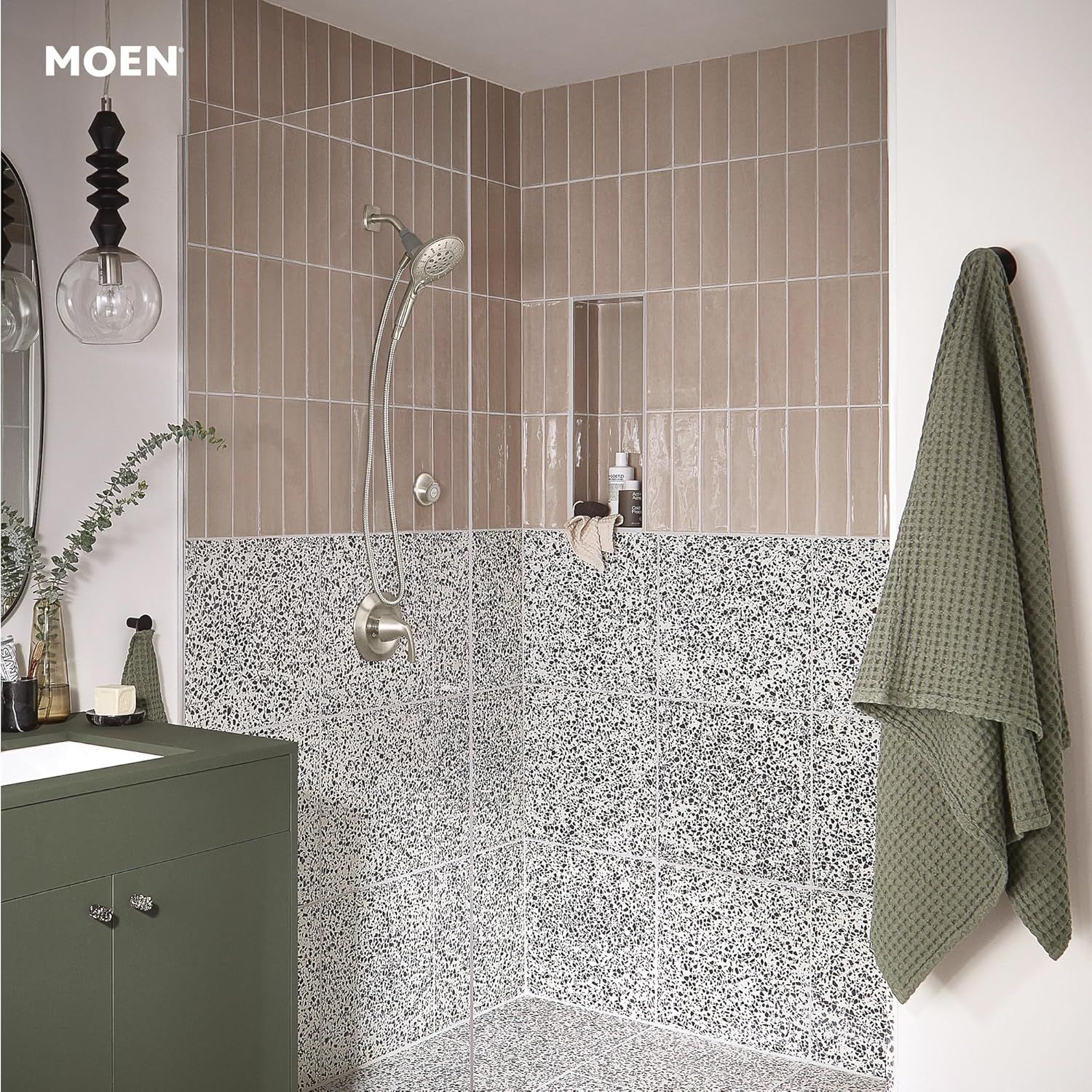 Showcases the shower system installed in a real-world bathroom setting to help shoppers visualize how the product looks and fits in a contemporary home environment.