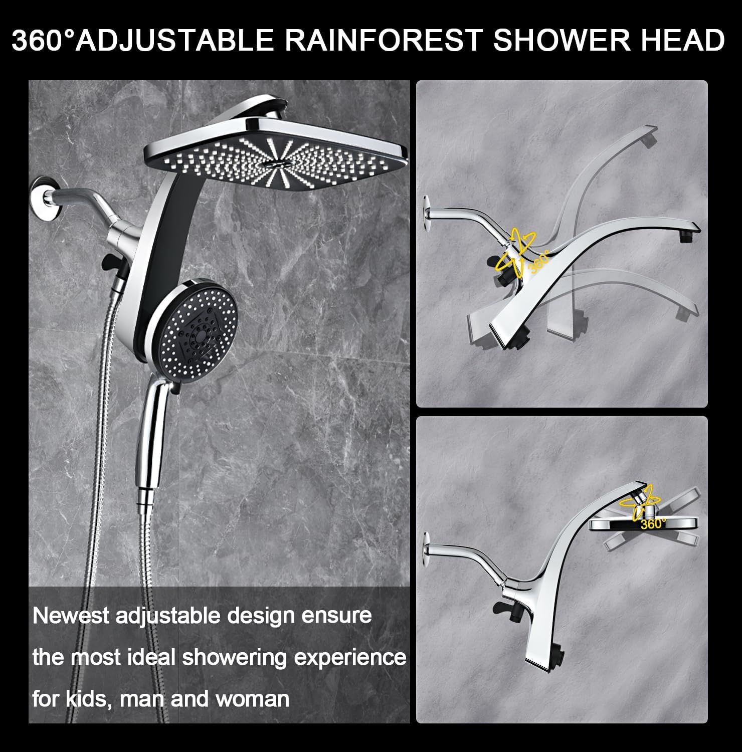Demonstrates how the shower head can be adjusted 360 degrees to provide an ideal showering experience for different users, showing the mechanism and range of motion. Highlights the key benefit of…