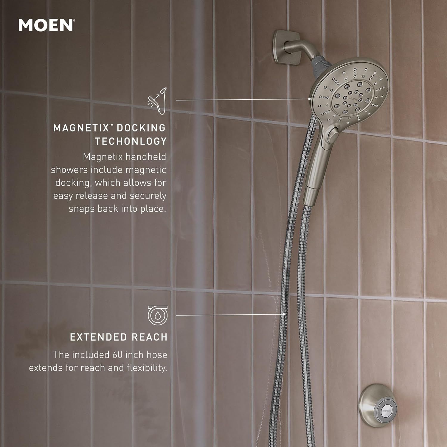 Communicates two distinct product benefits in a segmented layout: the magnetic docking feature for easy release and secure placement, and the 60-inch hose for extended reach and flexibility.
