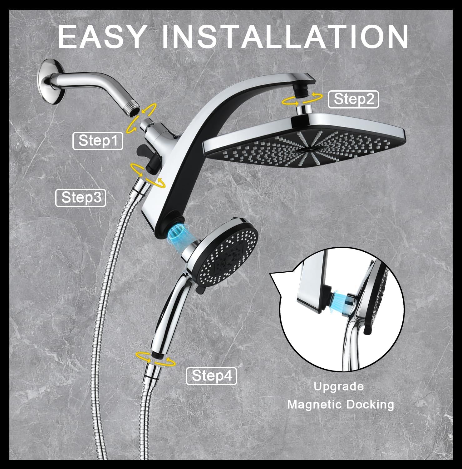 Demonstrates the simple 4-step installation process for the dual showerhead system, reassuring shoppers that setup is quick and straightforward without professional help. Highlights the ease of…