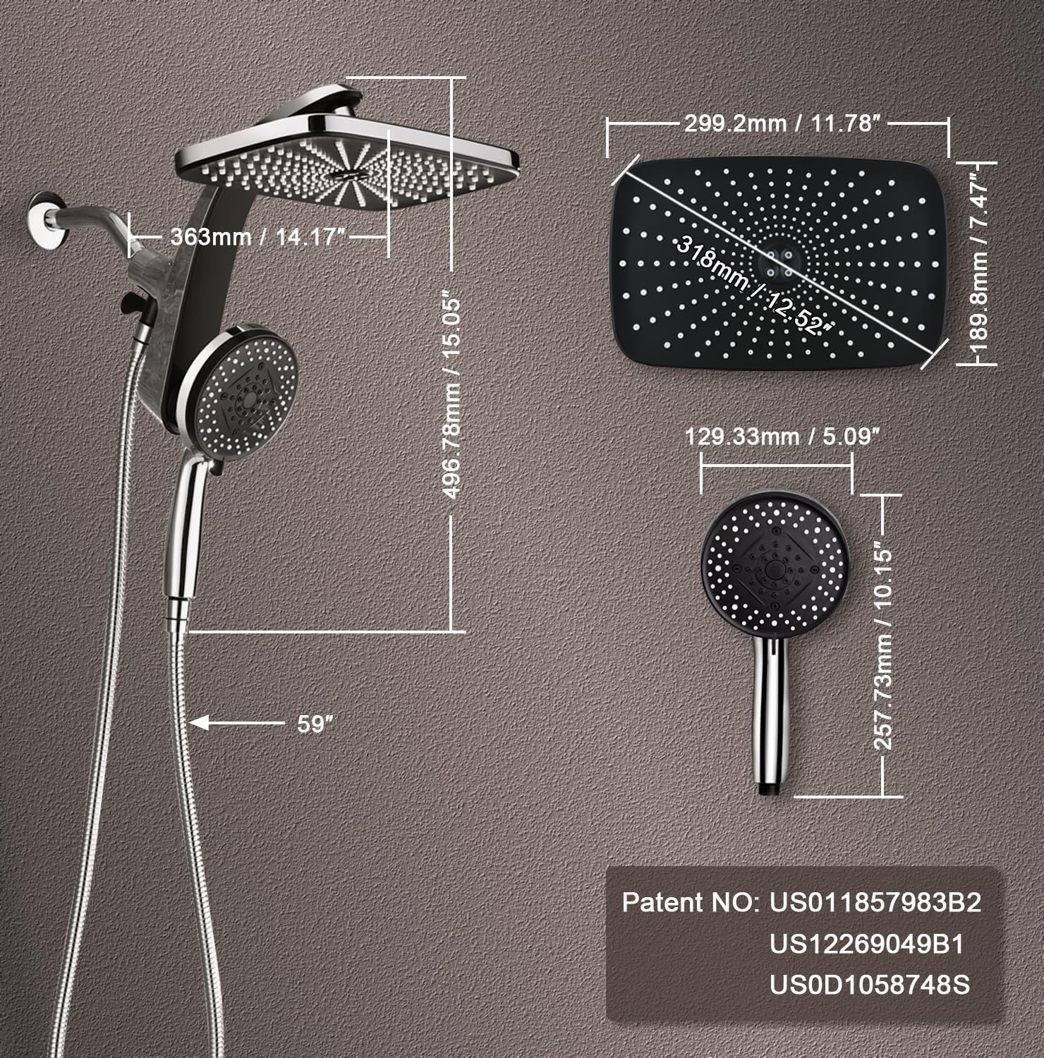 Provides precise dimensional measurements of the shower system and its components to help shoppers understand the exact physical size and fit for their bathroom installation.
