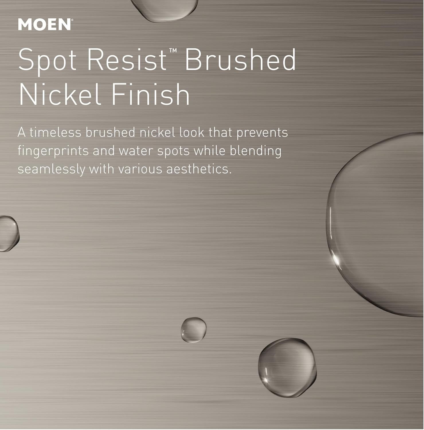 Highlights the product's Spot Resist finish that prevents fingerprints and water spots while offering a timeless aesthetic, reassuring shoppers about easy maintenance and visual appeal.