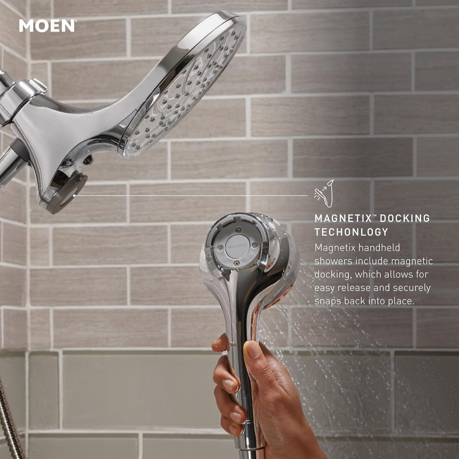 Highlights the magnetic docking feature that allows the handheld showerhead to be easily released and securely snapped back into place, emphasizing convenience and ease of use.