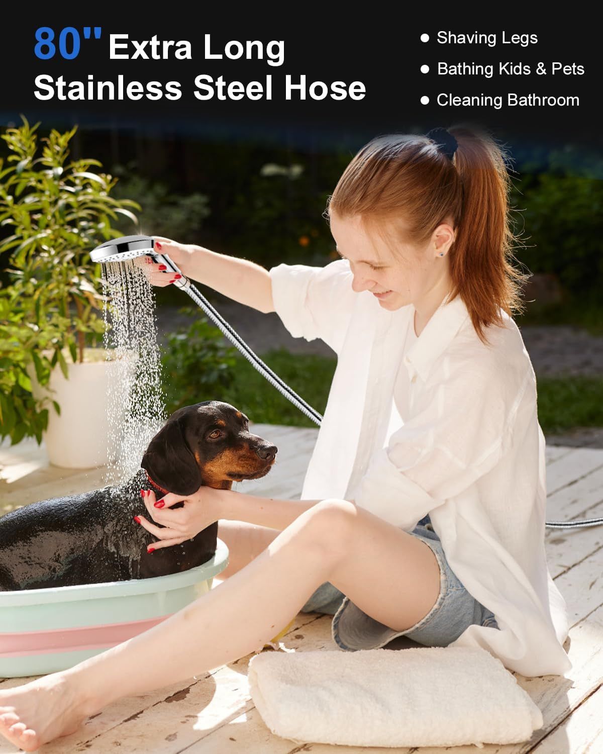 Demonstrates the versatility of the extra-long hose by showing multiple real-world applications, reassuring shoppers that this product serves many purposes beyond standard shower use. Highlights the…
